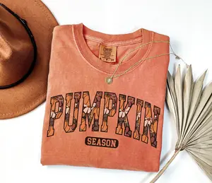 Comfort Colors Pumpkin Season T-Shirt - Collegiate Lettering Filled With Pumpkins Flowers And Autumn Patterns , Fall Graphic Tee For Women , Pumpkin Patch Outfit , Thanksgiving Season Shirt , Fall Festival Gift For Pumpkin Lovers , Casual Crewneck Top