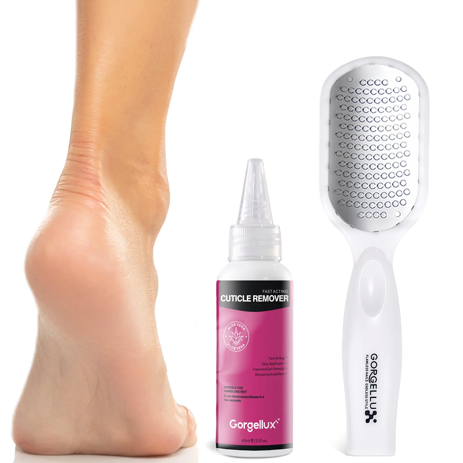 Fast Acting Cuticle Remover & Foot File Kit, No-Soak Dead Skin Gel with Aloe Vera, Pain-Free Cracked Heel Repair for Home Pedicure & Foot Care