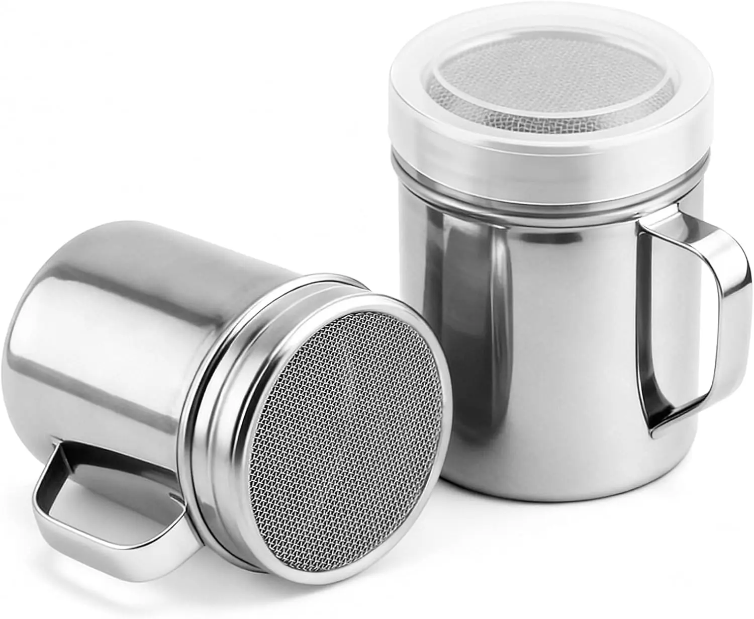 2 Pcs 6oz Stainless Steel Powdered Sugar Shaker With Handle， Mesh Shaker Powder Cans with Plastic Lid， Fine Mesh Duster for Baking, Cooking, Desserts (Cinnamon, Cocoa, Flour)