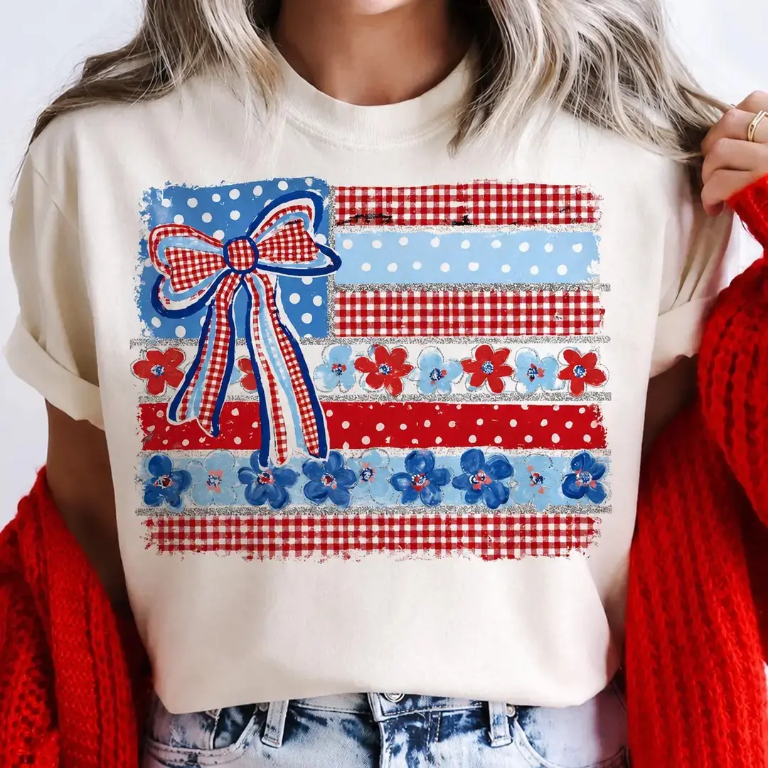 Comfort Colors Coquette American Flag Shirt, Patriotic Bow Ditsy Floral Tee, Checkered USA T-Shirt, Retro Brushstroke Graphic Shirt, 4th of July Patriotic Tee - DPCLICK