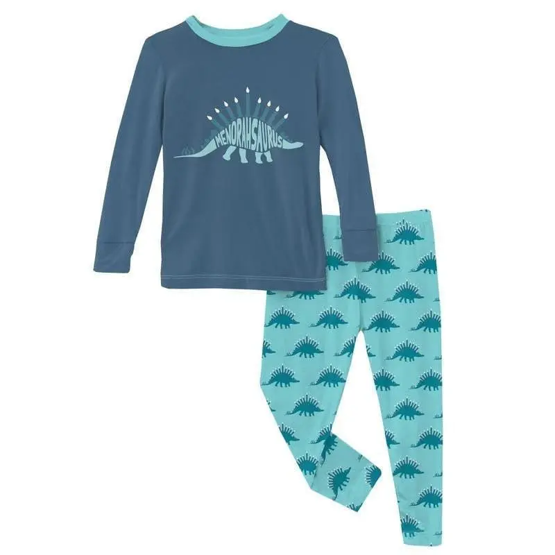 Print Bamboo Long Sleeve Graphic Tee Pajama Set - Iceberg Menorahsaurus (WCA22)