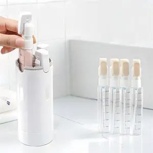 4-in-1 Liquid Storage Bottle, sealed leakproof refillable silicone squeeze vessel with safe lock design. Slim lightweight daily toiletries holder, portable to take along. Well suited for business journeys, holiday trips and regular travel use