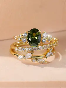 Luxurious and Glamorous Egg Shaped Moss Synthetic Zirconia Gold Coloured Twig Ladies Ring Set Women's Classic Party Jewellery Perfect Birthday Gift!y Use, Statement Multi Ring Stackable Rings Cubic Zirconia Ring