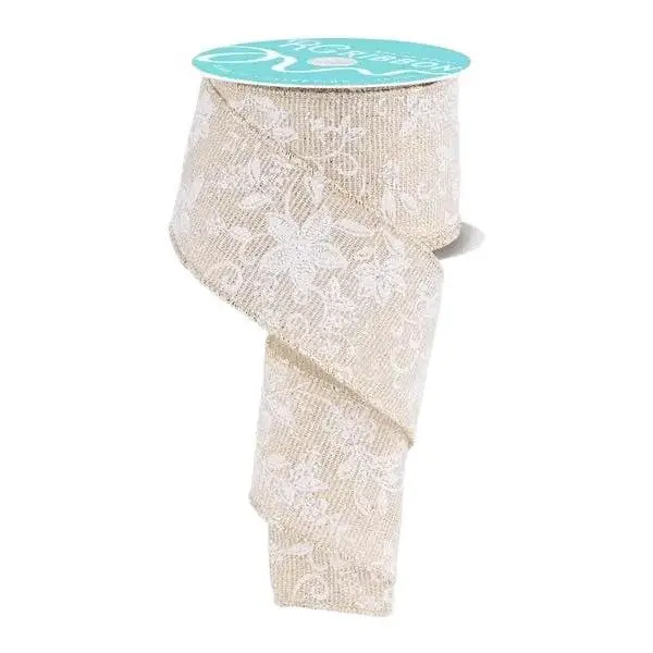 2.5" x 10yd Dainty Floral Applique Ribbon – Ivory/Gold/White