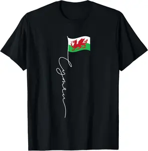 100% Cotton Wales Cymru Signature Flag Pole - Patriotic Welsh Flag T-Shirt