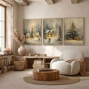 3pcs Wooden Frame Christmas Tree Vintage Holiday Canvas Art, Winter Village Wall Decor for Living Room, Cozy Home Decoration