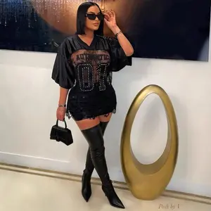 Women’s Autumn Print Loose Casual Street-Style See-Through Sexy Lace-Panel T‑Shirt/Top, Short-Sleeved, Summer Sweater Knit Fabric, Polyester