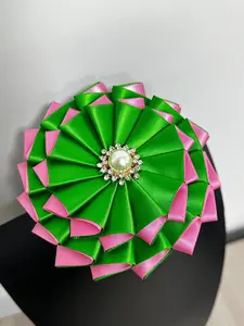 Men Women Dual-Tone Greek Party Flower Brooch Pin, Smooth Satin Ribbon Jewelry, Faux Pearl Rhinestone Decor, Wedding Party