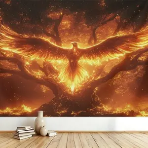 Psychedelic Phoenix Tapestry - Soft Peach Skin Polyester Wall Hanging for Living Room, Bedroom & Dorm Decor |   Vibrant Red Bird Design |   Indoor Use |   No Power Needed |   200gsm Fabric |   Horizontal Orientation, Christmas Decor