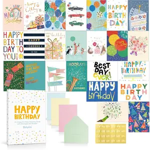 24 Assorted Birthday Cards with Gold Foil, Messages, Envelopes, and Stickers| 4x6 Inch Happy Birthday Cards Bulk for Family, Kids, Friends, Work, and Office Celebrations.