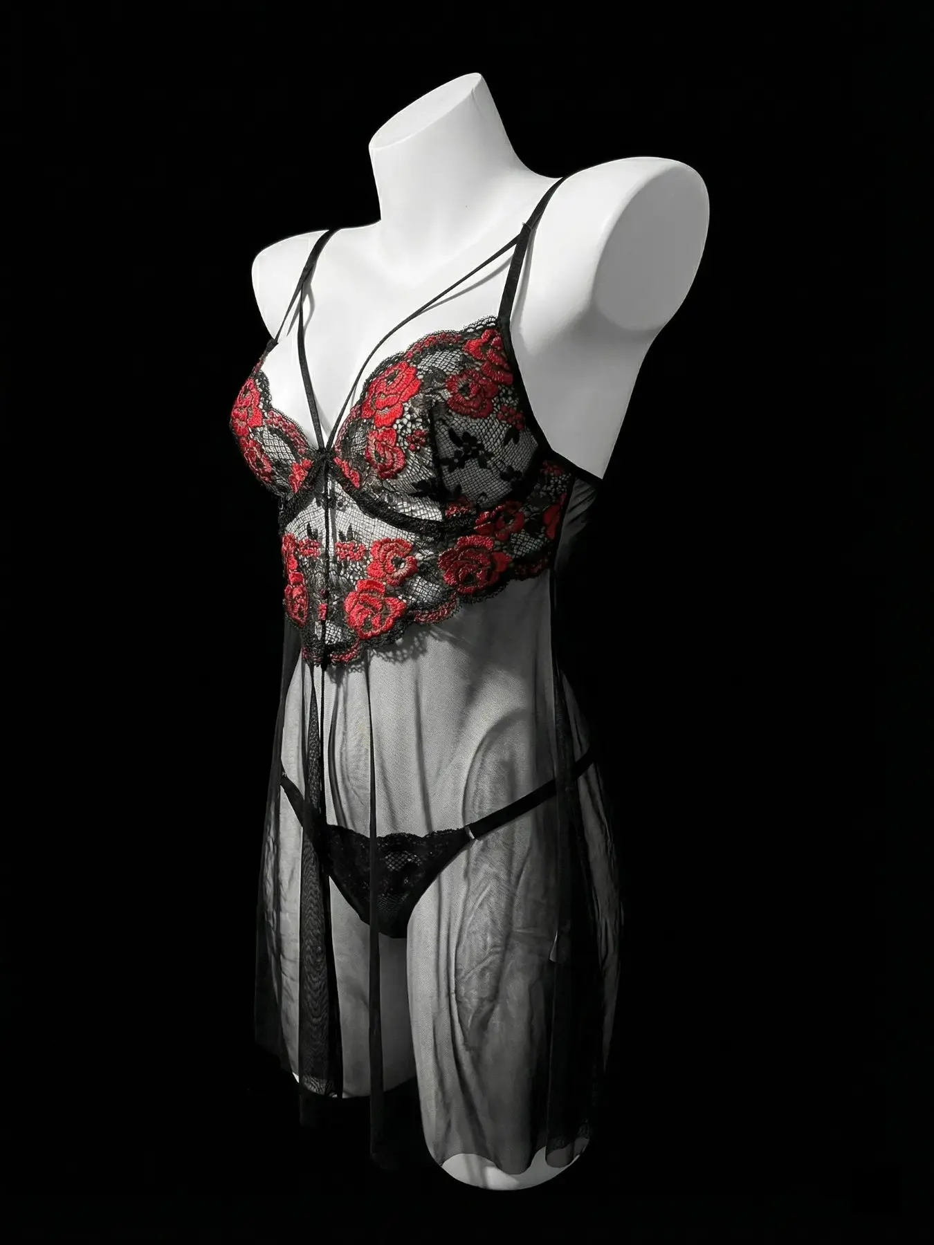 Valentine's Day Black Red Floral Lace Babydoll Dress Breathable Lingerie, French Sheer Mesh Nuisette Slip Negligee Nightgown Pajama, 2Pcs Soft Sleepwear Nightdress Nighty for Honeymoon & Intimate Date, Lingerie Sets, Feminine, Lingerie Lace Nightwear