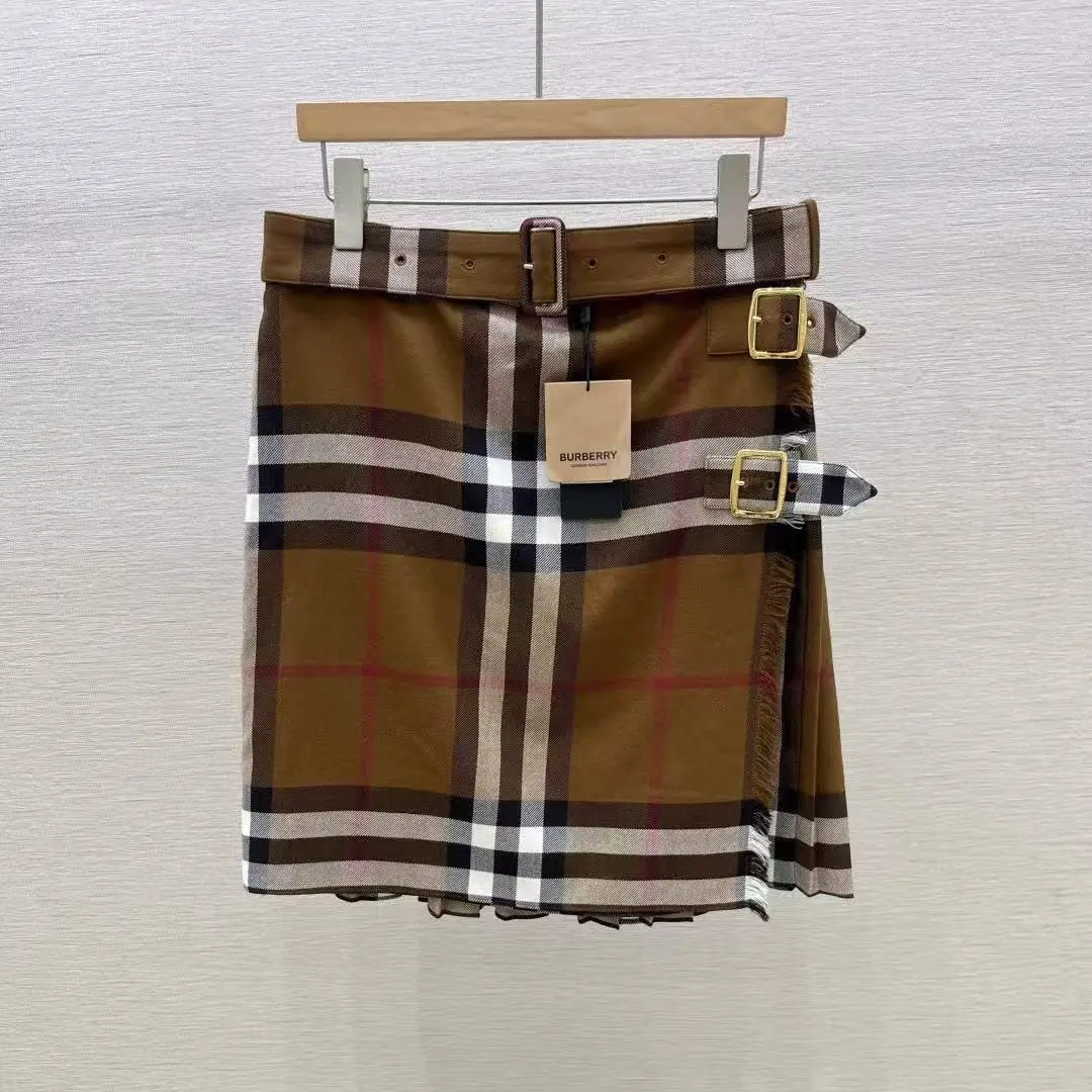 Pre-owned Burberry Oak Brown Vintage Check Midi Skirt with Double Belt Buckles 101952