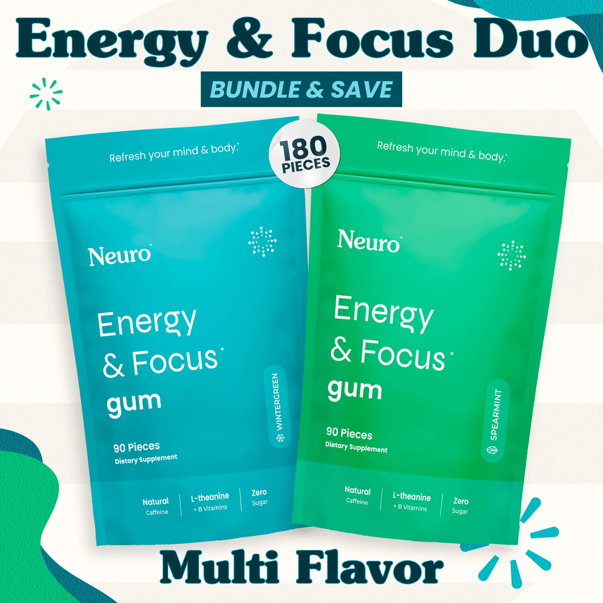 Energy & Focus Duo - Caffeine Gum - Multi Flavor (2-Bulk Pouches)