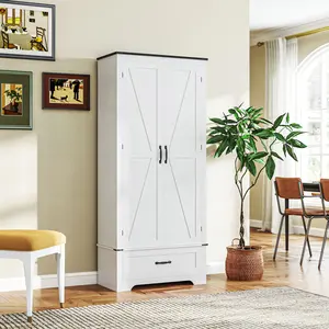 72" Distressed White Farmhouse Kitchen Floor Cabinet – Rustic 2-Door Pantry Cupboard with Adjustable Shelves – Tall Freestanding Storage Organizer for Dry Goods, Canned Foods, Spices & Small Appliances