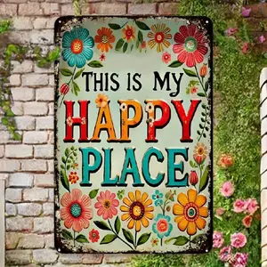 1 Piece, Room Decoration 1 Piece Happy Place Welcome Board, 8X12 Inches, Country Garden Decoration, Four Seasons Outdoor and Home Decoration, Durable Metal Yard Sign Hand 8X12In