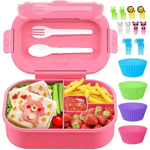 Bento Box, 44oz 4 Compartment Lunch Container with Cutlery for Kid/Adult/Toddler, Leak Proof, Microwave/Dishwasher/Refrigerator Safe, BPA Free (Pink)