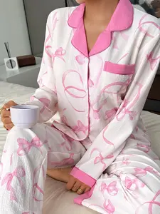 Women's Sleepwear Pajama Set Loungewear Bow Print Sweet Lapel Long Sleeve Pocket Top and Bow Pants Casual Home Wear