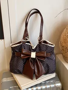 Cute and sweet textured polka dot tote bag with large bow decoration, lace lace mouth, vintage and exquisite style shoulder bag, large capacity interior, preferred accessory for daily travel and dates