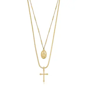 Ettika Like a Prayer Layered Cross and Coin Necklace Gold Tone Plated Rhodium on Steel 18kt Gold Plated Non Tarnish Jewelry 2 Separate Necklaces 750/18K