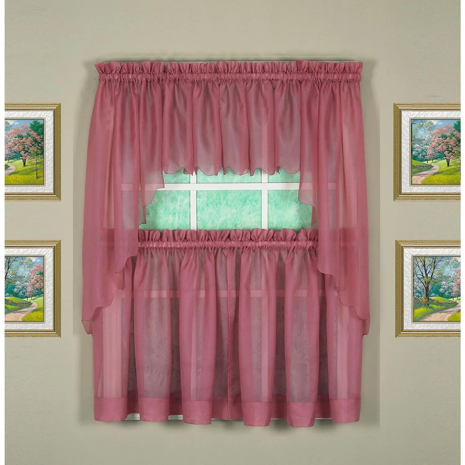 Emelia Voile Tier Pair Pack Bathroom Window Curtains, Mauve, 60x36 in Light Filter Voile Fabric, Black-Dusty Leaf-Gold-Grey Bathroom Window Decor