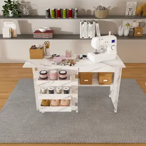 45.67"/57.5" Folding Sewing Table with Lockable Wheels Multi-Functional Craft Station End Table Computer Desk Kitchen Storage with Shelves White Rolling Sewing Machine Table for Apartments with Drawers