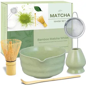 Matcha Whisk Set,  Ceramic Bowl with Spout,  Whisk, Chasen Holder, Sifter, Scoop, Complete  Making Kit for Matcha Lovers Christmas, Beginner Starter Set Matcha   Green