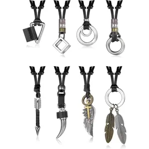 FASACCO 8pcs Feather Necklace for Men Women Brown Black Cord Necklace Tribal Arrow Wolf Tooth Feather Pendant Statement Necklace for Men Women