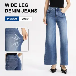 ONESO Women's Medium Blue Wide Leg Jeans Mid Rise Denim Pants Classic Five Pocket Construction Denim Unhemmed Pant Legs Casual Style Comfortable breathable pants Summer Street Outfits #SummerVibesa