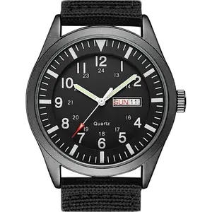 *MWA-PP   5ATM Waterproof Mens Military Tactical Field Watch, Date & Day 12/24Hr Display Watches for Men, Casual Quartz Wristwatch with Nylon Strap