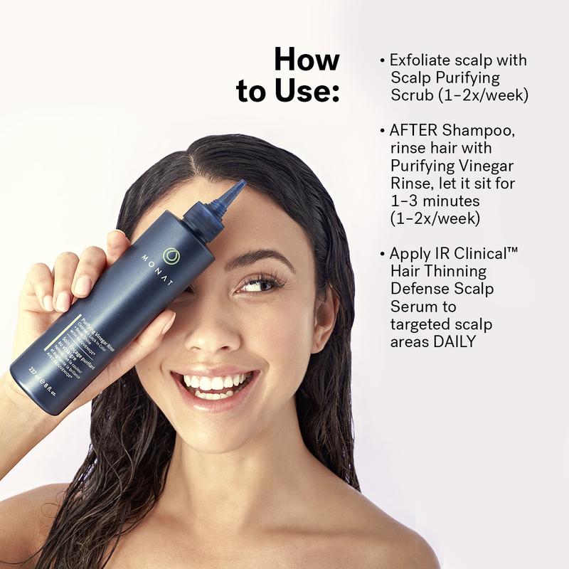 Scalp Care System. MONAT IR Clinical Hair Thinning Defense Serum + Purifying Vinegar Rinse & Scalp Scrub
