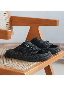 Retro style imitation linen edge cool slippers, double button design, breathable and comfortable men's daily one line slippers