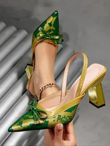 New Pointed Toe Chunky Heel High Heels Sandals Snake Print Gold Bowknot Women's Shoes, Stylish and Comfortable