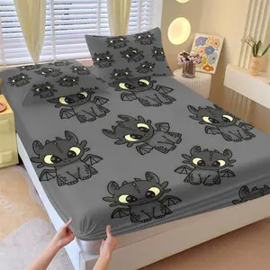Kawaii Grey Dragon Fitted Sheet Set, 1 Fitted Sheet + 2 Pillowcases, Cute Night Fury Cartoon Printed Bedding, Soft Comfortable Breathable Microfiber, All Season Decor, Deep Pocket Non-Slip, Gift for Kids