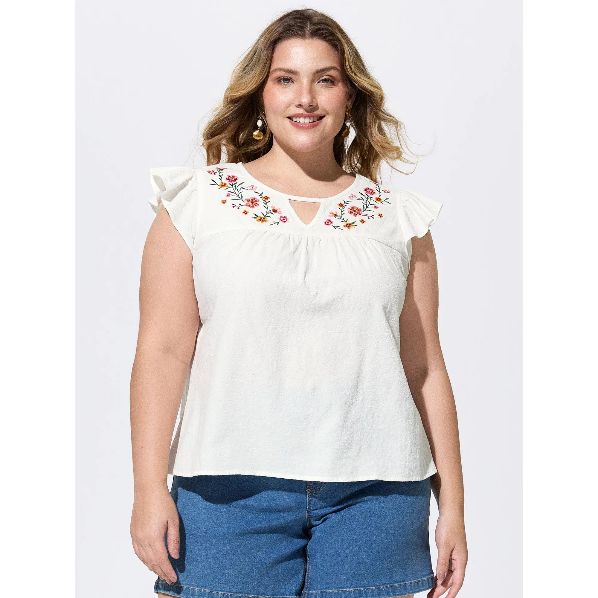BloomChic Women's Plus Size Boho Embroidered Blouse - 100% Cotton Solid Smooth Soft Top with Ruffled Flutter Sleeves for Comfy Casual Chic Curves Wear