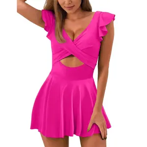 Ruffle Crossover Skirted One-Piece Swimsuit – Feminine Swim Dress Monokini, Flattering Beach Look bikini summer fashion