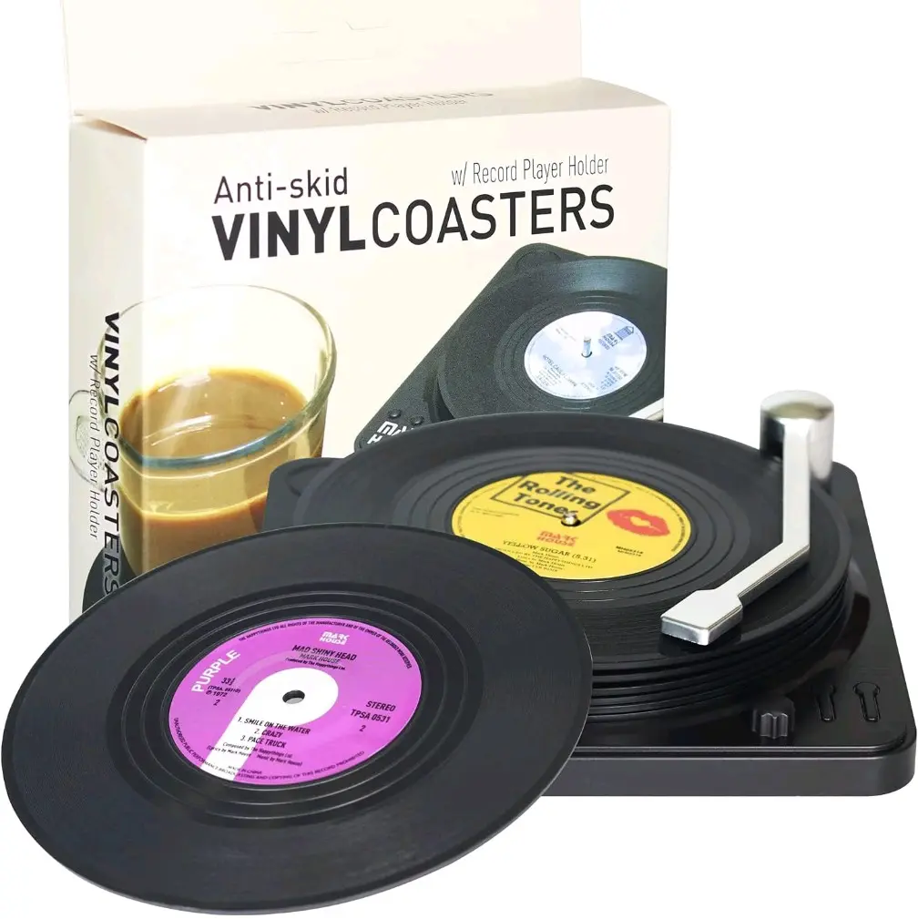 Classic Retro Vinyl Record Drink Coasters Set with Holder - 6 Funny Conversation Piece Coasters for Music Lovers, Ideal for Housewarming & Wedding Gifts, Stylish Kitchen Tableware