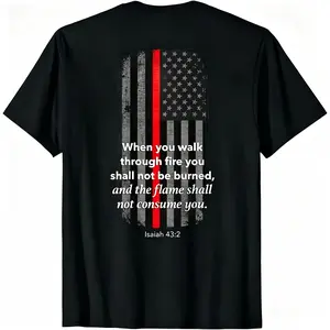 Firefighter Bible Verse T-Shirt for Men & Women, Psalm 43:2 Scripture & Thin Red Line Fire Department Design, Christian Apparel with American Flag Colors, Breathable Elastic Cotton, Regular Fit, Machine Washable, All-Season Casual & Fire Station Events