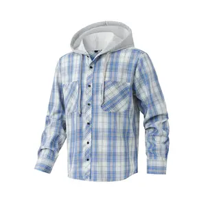 Men's Premium Lightweight Plaid Hooded Button-Down Menswear Shirt - Casual Long-Sleeve Layered Flannel with Contrast Hood, Breathable Checked Top for Streetwear, Everyday Outings