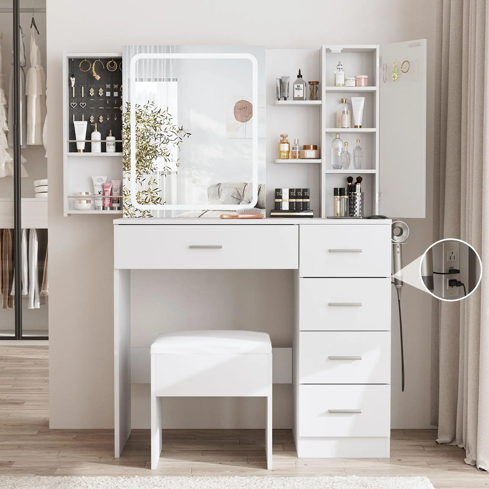 [Summergarden] Vabches White Led Vanity Table - Lighted Vanity Desk with Mirror, 3 Lighting Modes, Power Strip, Sliding Locker, Visual Drawer, 5 Storage Drawers, Shelves, Cabinet, Modern Led Dresser