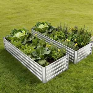 2 PCS 6×3×1ft Galvanized Metal Raised Garden Bed with Clear Top Cover 2 Zipper Screen Windows Detachable Mini Greenhouse Rust Resistant Planter Box for Outdoor Vegetables Flowers Herbs Silver