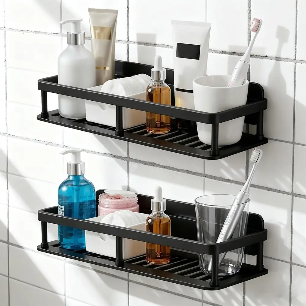 Drill Mount Shower, Bathroom Shelves Basket, 2 Pack Large Capacity Shower Shelve , Bathroom Organizers and Storage for Home Decor (2Pack-Black)