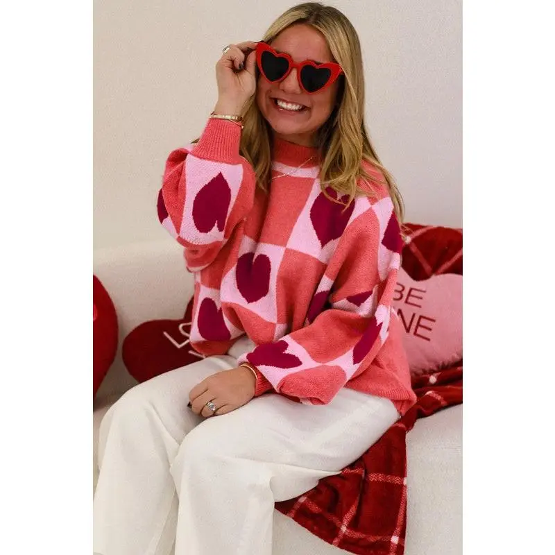 Pink Plus Size Love Heart Block Valentine Sweater Fabric Womenswear