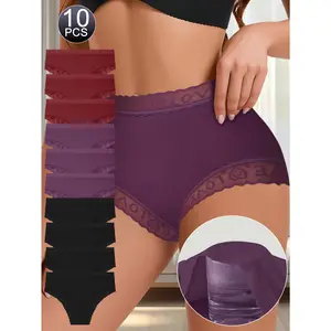 QUASTI 10 Pack Women's High Waisted Lace Edge Panties, Sexy Letter Waistband Underwear, Breathable Soft Stretch Briefs, Comfortable Seamless Ladies Lingerie, Fashion Everyday Full Coverage Panty, S-XXL