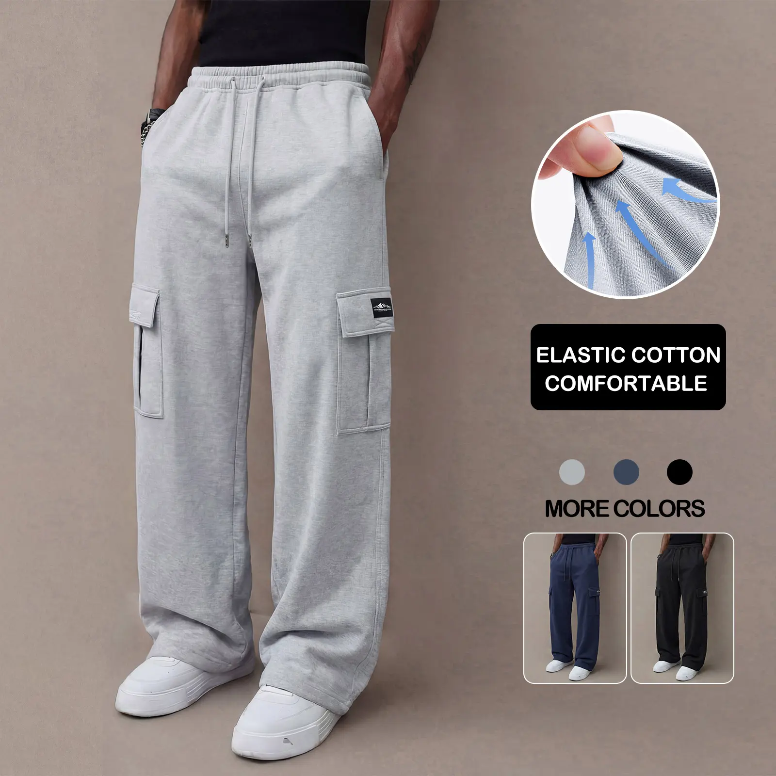 Men’s casual pants suitable for all seasons, regular thickness, athletic cargo style with multiple pockets—comfortable long trousers for everyday wear with a loose fit and drawstring. Trendy men’s sports pants.