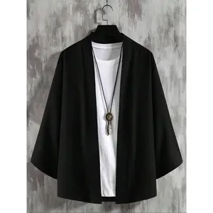 Men's Solid Color Open Front 3/4 Sleeve Shirt, Casual Comfy     Top for Daily Wear, Men's Clothes for All Seasons