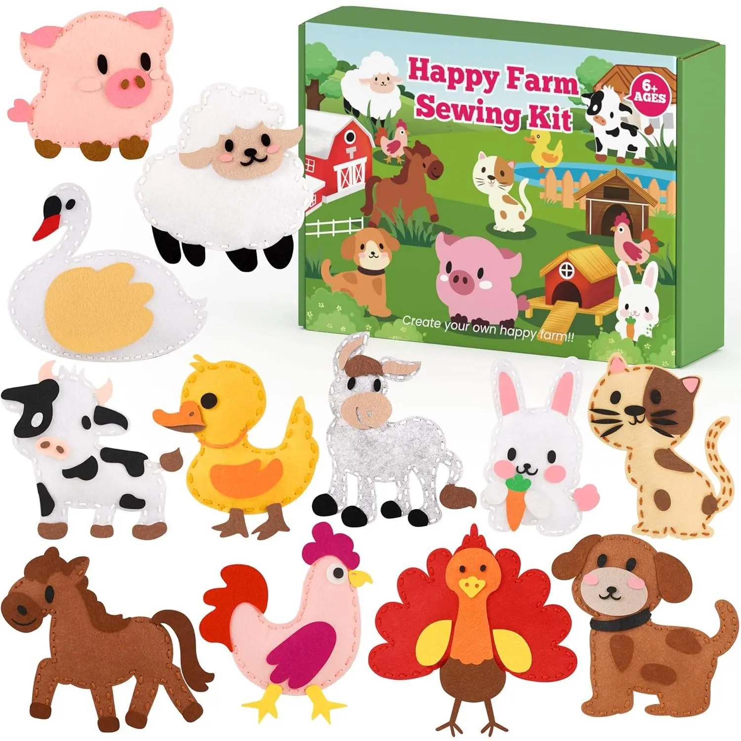 Happy Farm Kids' Beginner Sewing Kit (Ages 6+), DIY Felt Crafting Kit for Farm Stuffed Animals, Educational Learn-to-Sew Art Gift with Acrylic Paint Marker for Birthdays