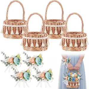 Thyle 4 Pcs Rattan Woven Flower Basket with 4 Pcs Blue Wedding Wrist Corsage Small 5.12 x 8.27 Inch Rustic Wicker Floral Basket with Artificial Flowers and Handle for Home Wedding Birthday Decor