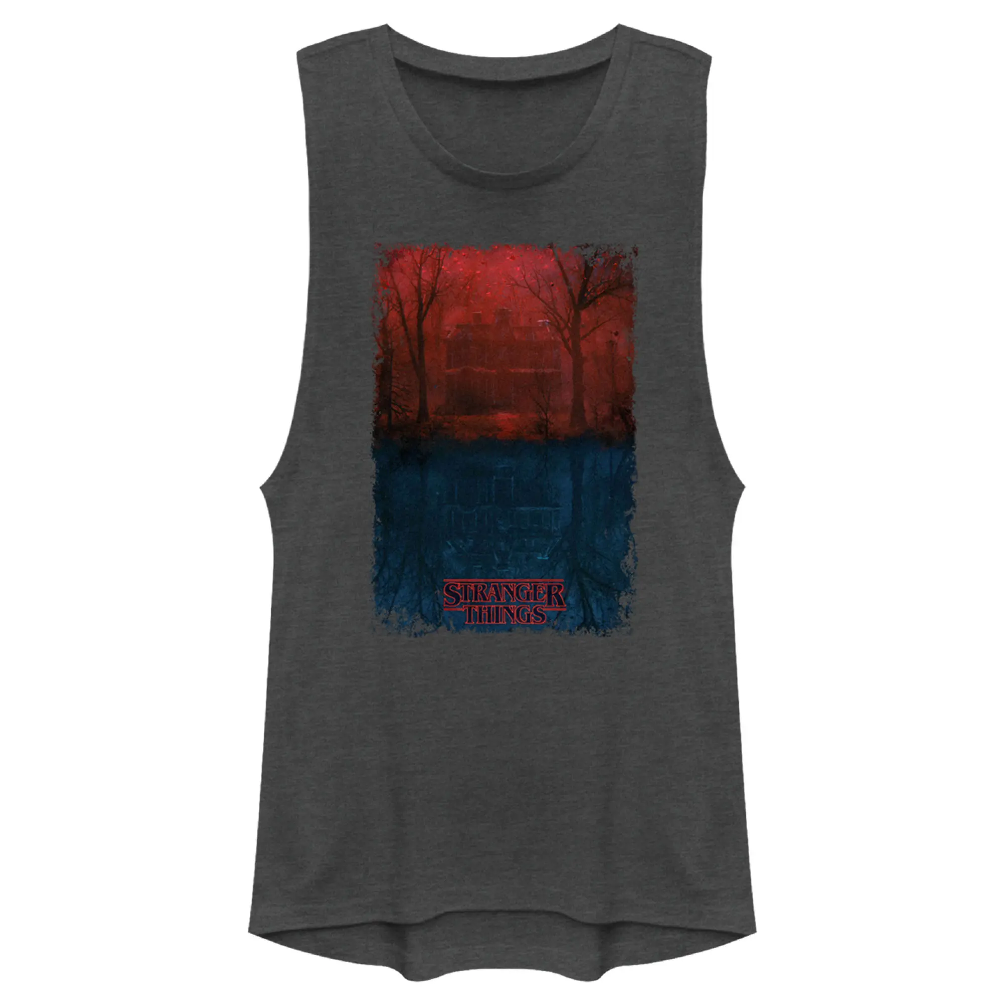 Juniors Womens Stranger Things Creel Household in The Upside Down Festival Muscle Tee