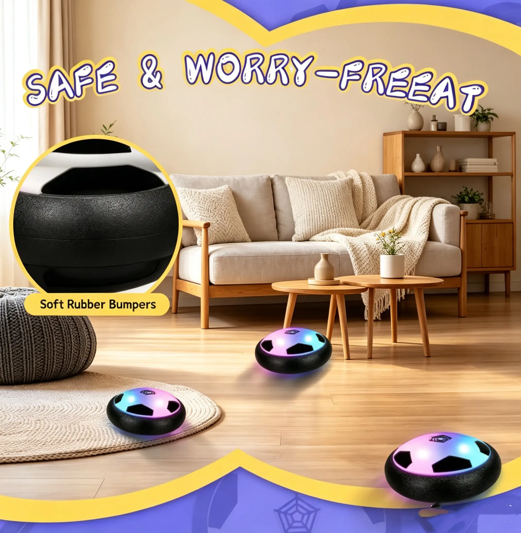 Unisex Kids Indoor Hover Ball Air Floating Soccer Disk (Ages 3+), Glowing LEDs Light-Up Safe Sports Toy, Birthday Gift for Boys Girls