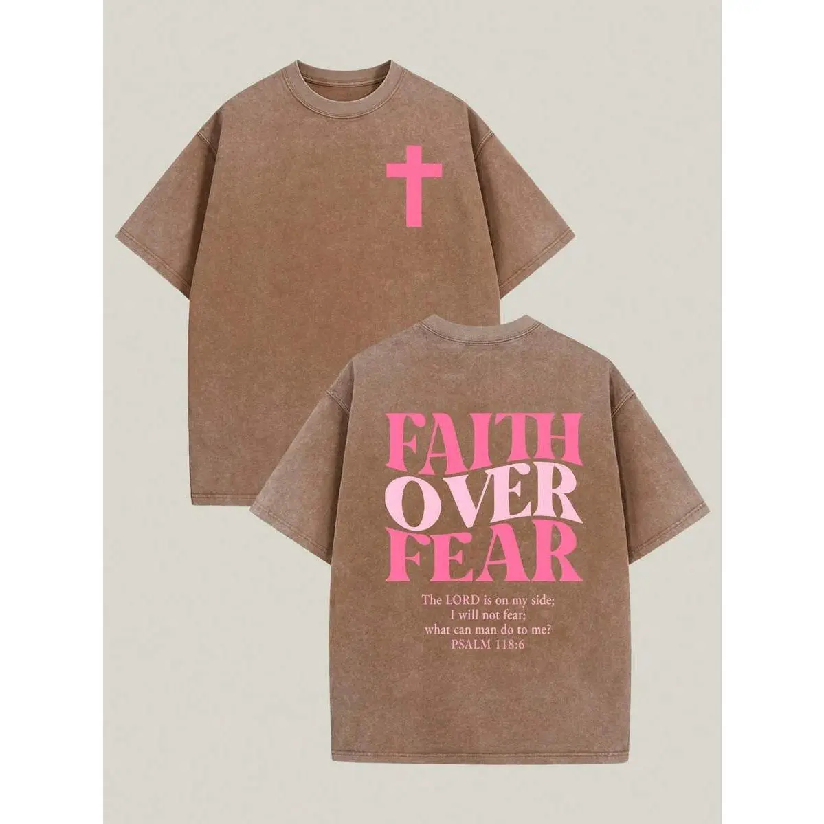 Psalm 118:6 Faith Over Fear Shirt Pink Cross Graphic Vintage Washed Christian Streetwear Church Outfit, Womens Washed T-Shirt CrewNeck Letter Pattern Print Faith Over Fear Cross Design Vintage Watercolor Style Summer Outfits